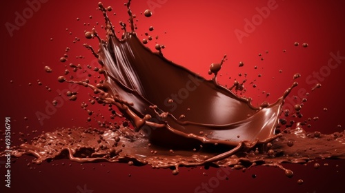 Chocolate splash on red background. Chocolate milk splash and drops. Brown Liquid