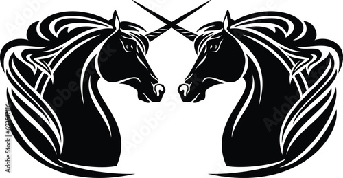 pair of magic unicorn horses with crossed horns - black and white fantasy animal head vector design