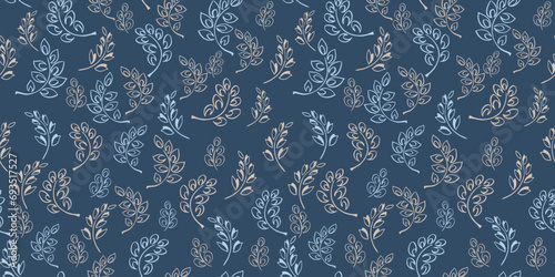 Seamless creative tiny simple branches leaves, drops, lines pattern. Vector hand drawn sketch. Abstract stylized textured floral print. Cute shape organic leaf stems dark turquoise background. 