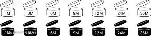 Pao cosmetic open shelf life month. Period after open icons set. PAO symbols: 3, 6, 12, 24, 36, 3m, 6m, 12m, 24m, 36m. Service life or expiry date icons for product packaging. PNG image