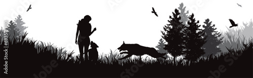 Vector silhouette of woman playing with her dogs in park. Symbol of nature and pet.
