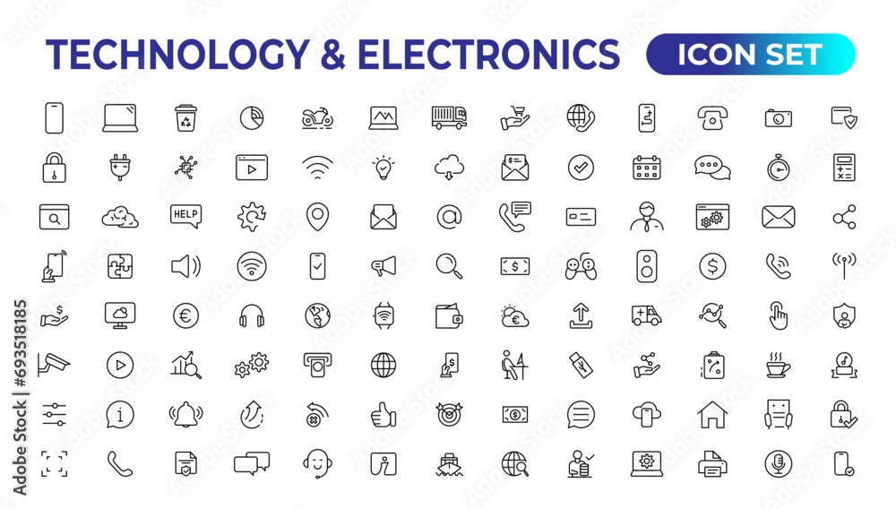 Technology and Electronics and Devices web icons in line style. Device, phone, laptop, communication, smartphone, ecommerce. Vector illustration. Technology and Electronics and Devices web icons in line style. Device, phone, laptop, communication, smartphone, ecommerce. Vector illustration.