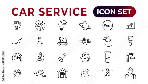 Car service icon set with editable stroke and white background. Auto service, car repair icon set. Car service and garage.
