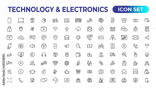 Technology and Electronics and Devices web icons in line style. Device, phone, laptop, communication, smartphone, ecommerce. Vector illustration. © artnazu