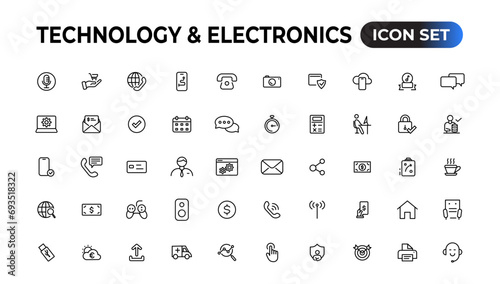 Technology and Electronics and Devices web icons in line style. Device, phone, laptop, communication, smartphone, ecommerce. Vector illustration.