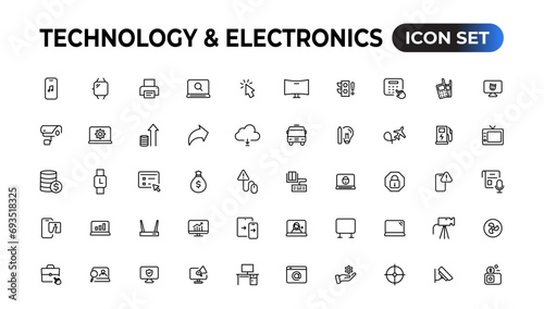 Technology and Electronics and Devices web icons in line style. Device, phone, laptop, communication, smartphone, ecommerce. Vector illustration.