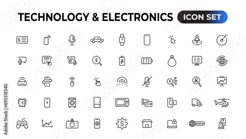 Technology and Electronics and Devices web icons in line style. Device, phone, laptop, communication, smartphone, ecommerce. Vector illustration.