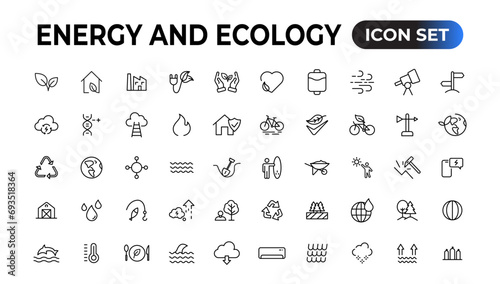 Energy and Ecology Line Editable Icons set. Vector illustration in modern thin line style of eco related icons: protection, planet care, natural recycling power. Pictograms and infographics.