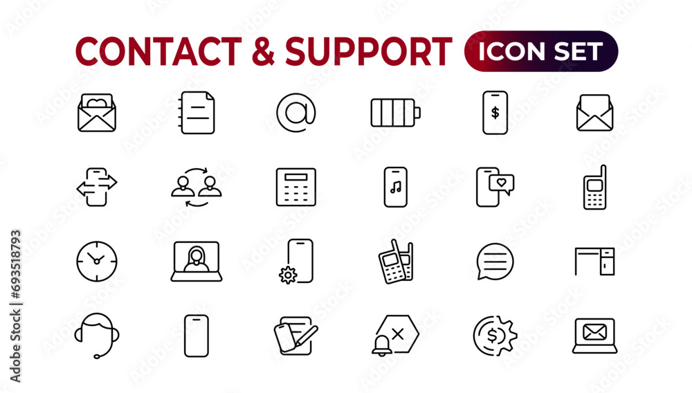 Contact and support web icons in line style. Web and mobile icon. Chat, support, message, phone. Vector illustration. Contact and support web icons in line style. Web and mobile icon. Chat, support, message, phone. Vector illustration.