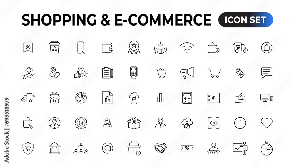 Shopping web icons in line style. Mobile Shop, Digital marketing, Bank Card, Gifts. Vector illustration.