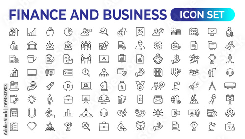 Finance and business line icons collection. Big UI icon set in a flat design. Thin outline icons pack. Vector illustration.