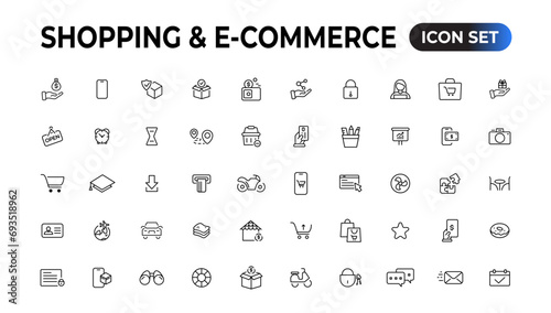 Shopping web icons in line style. Mobile Shop, Digital marketing, Bank Card, Gifts. Vector illustration.
