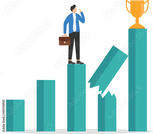 Businessman standing and thinking to reach the trophy symbol to achieve a goal.business difficulty, Modern vector illustration in flat style

