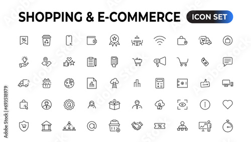 Shopping web icons in line style. Mobile Shop, Digital marketing, Bank Card, Gifts. Vector illustration.