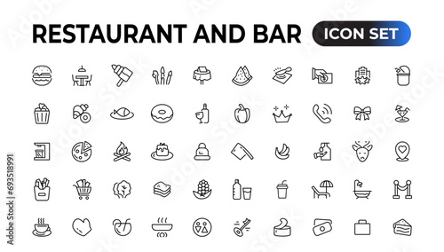 Restaurant line icons collection. Food, service, bar, alcohol icons. UI icon set. Thin outline icons pack. Vector illustration.