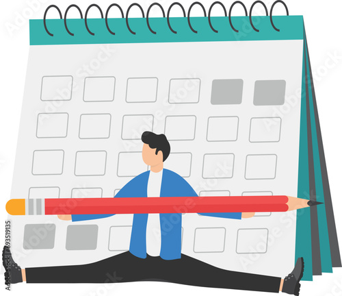 Flexible work schedule or challenge to overcome deadline or project timeline difficulty, project management or timetable concept, confident businessman using pencil pole vault jumping over calendar.

