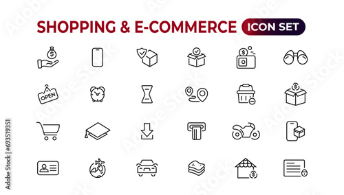 Shopping web icons in line style. Mobile Shop, Digital marketing, Bank Card, Gifts. Vector illustration.