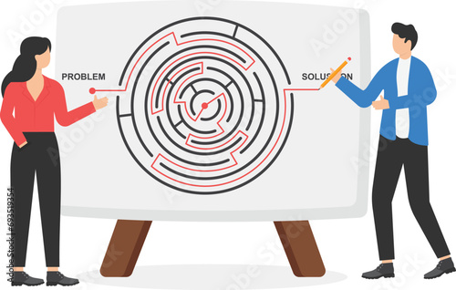 Business solution with businessman finding way through maze. Business maze labyrinth. Modern vector illustration in flat style

