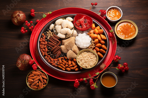 Concept picture for Chinese new year table set up and traditional Chinese dishes on red background with Chinese word means fortune.