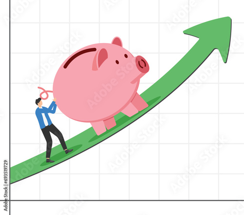 Businessmen push big piggy banks up a rising graph and chart. Saving, investment earning from stock market or mutual fund concept. Modern vector illustration in flat style

