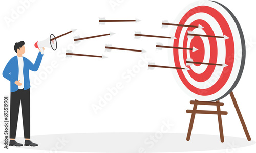 Communicate or advertise to target audience, marketing campaign or promotion to hit business goal or target customer concept, businessman marketer talk on megaphone with archer hit target bullseye.

