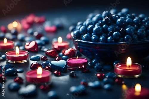 Blue hearts, candles and blueberries scattered on the table. Magic beautiful composition with heart and blooms for Valentine's Day.