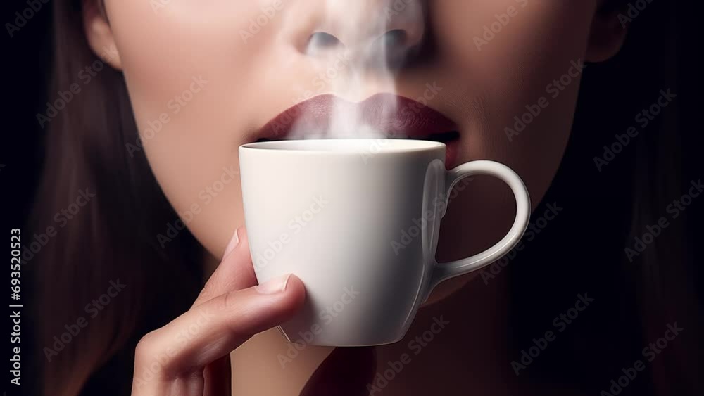 Coffee Bliss Cinemagraph: Endless Loop of Woman Sipping Steaming Coffee, Lips Closeup - Aromatic Relaxation Scene Coffee Bliss Cinemagraph: Endless Loop of Woman Sipping Steaming Coffee, Lips Closeup - Aromatic Relaxation Scene