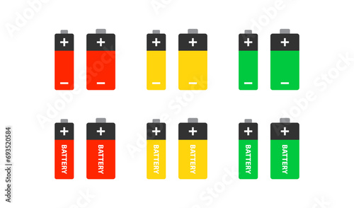Realistic battery icon. Size AAA, AA, C, D, PP3. Energy power. Cylinder accumulator. Charge tool. Vector illustration.