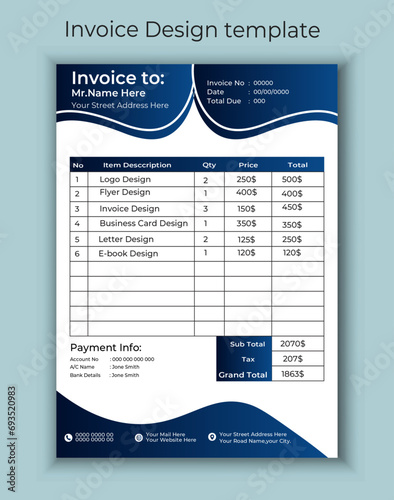 Minimal Corporate Business Invoice design template vector illustration bill form price invoice. Creative invoice template vector. business stationery design payment agreement design template