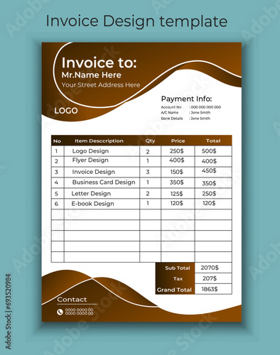 Minimal Corporate Business Invoice design template vector illustration bill form price invoice. Creative invoice template vector. business stationery design payment agreement design template