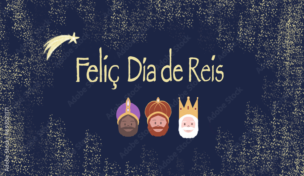 Text happy kings day in catalan on blue background with the three kings melchior, gaspar, baltasar. - obrazy, fototapety, plakaty 