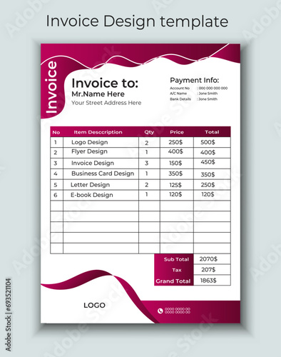 Minimal Corporate Business Invoice design template vector illustration bill form price invoice. Creative invoice template vector. business stationery design payment agreement design template