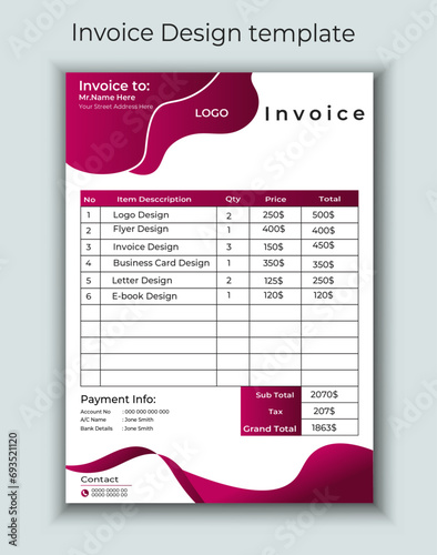 Minimal Corporate Business Invoice design template vector illustration bill form price invoice. Creative invoice template vector. business stationery design payment agreement design template