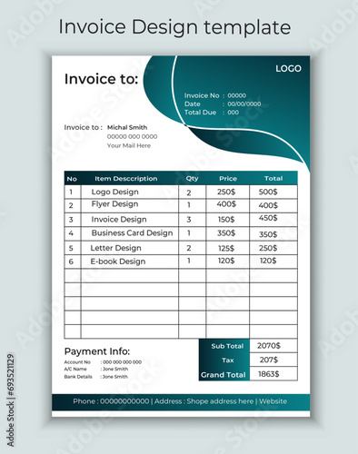 Minimal Corporate Business Invoice design template vector illustration bill form price invoice. Creative invoice template vector. business stationery design payment agreement design template
