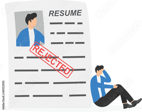 Job application rejected, disqualified or resume declined, HR human resource or hiring manager refused, interview failure concept, sad businessman sit his rejected resume application document.

