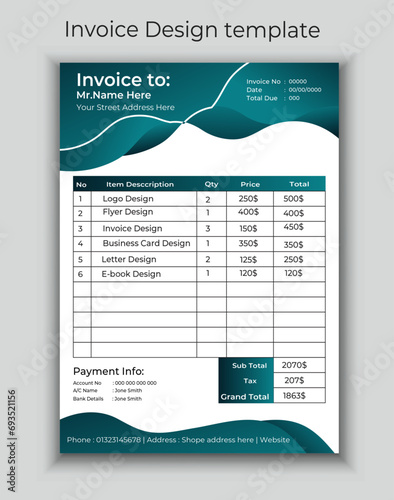 Minimal Corporate Business Invoice design template vector illustration bill form price invoice. Creative invoice template vector. business stationery design payment agreement design template