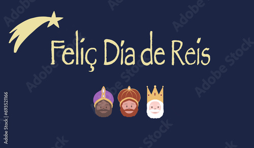 Text happy kings day in Catalan on blue background with the three kings melchor, gaspar, baltasar. photo