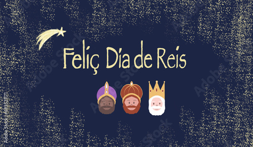 Text happy kings day in catalan on blue background with the three kings melchior, gaspar, baltasar. photo