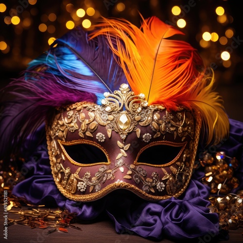 A masquerade mask adorned with feathers and sequins rested on a velvet cushion,