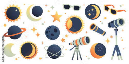 Solar Eclipse set. Cute illustration in flat style for kids education at school, stickers, scrapbooking, nursery room photo