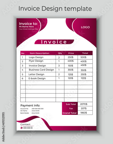 Minimal Corporate Business Invoice design template vector illustration bill form price invoice. Creative invoice template vector. business stationery design payment agreement design template