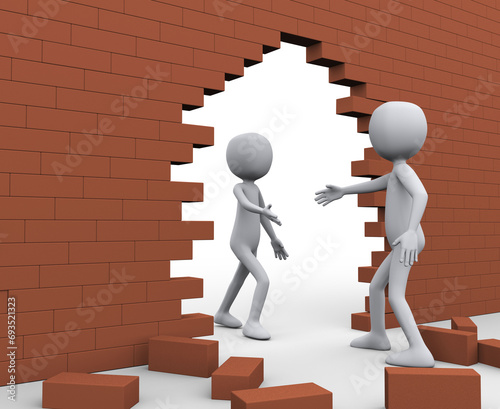 Fototapeta Naklejka Na Ścianę i Meble -  3d illustration of man friend after breaking bricks wall help another person for escape. 3d rendering of human character