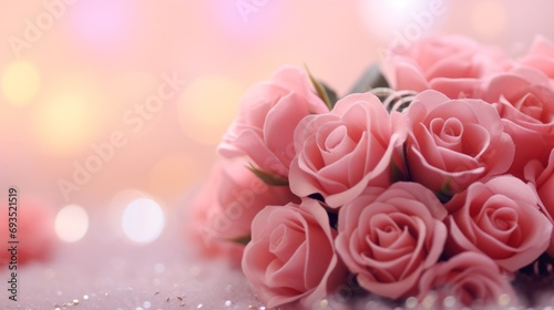 Valentine's day concept a bouquet of red roses on smooth background of hearts, holiday greeting card.