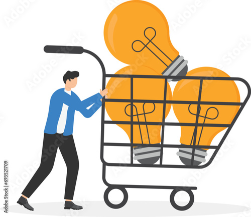 Businessmen buy ideas. Businessman with a shopping cart containing light bulbs ideas. Business development and strategy. Flat vector illustration.

