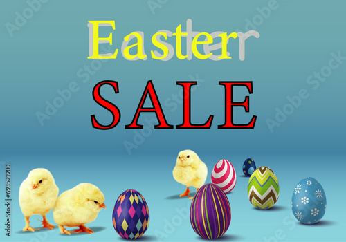 Easter Sale Banner / Header Blue BG Editable text and Easter Eggs & Chicks photo