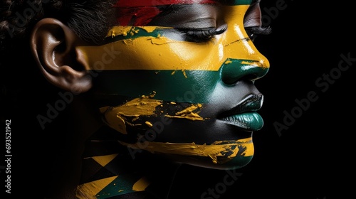 A woman's face painted with colors of african flags, in the style of photorealistic landscapes, double exposure, exotic, maranao art, silhouette figures, 19th century, dark white and dark green photo
