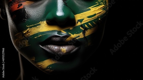 A woman's face painted with colors of african flags, in the style of photorealistic landscapes, double exposure, exotic, maranao art, silhouette figures, 19th century, dark white and dark green  photo