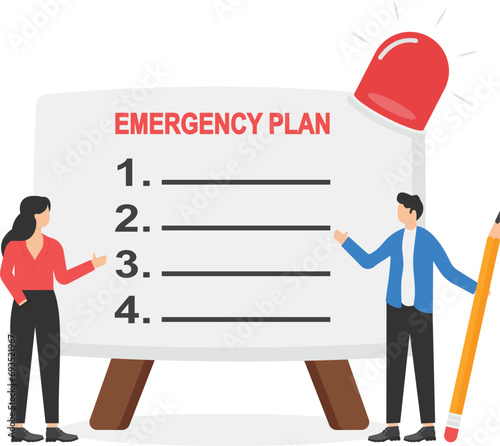 Business emergency plan, checklist to do when disaster happens to continue business and build resilience concept, smart businessman leader holding pencil with paper of emergency plan flashing siren.

