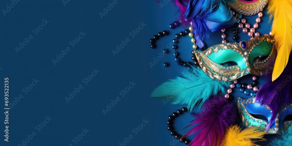 feathers and carnival masks on blue background with copy space 