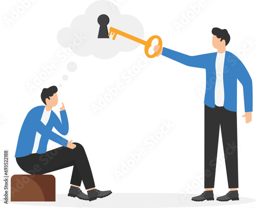Business support or help to solve problem, clear and unblock work obstacle or key to unlock business idea concept, businessman thinking with idea as a keyhole with helping leader holding the success k